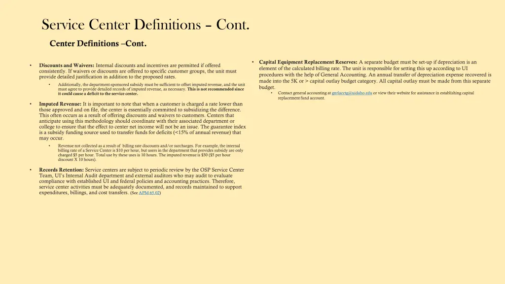 service center definitions cont