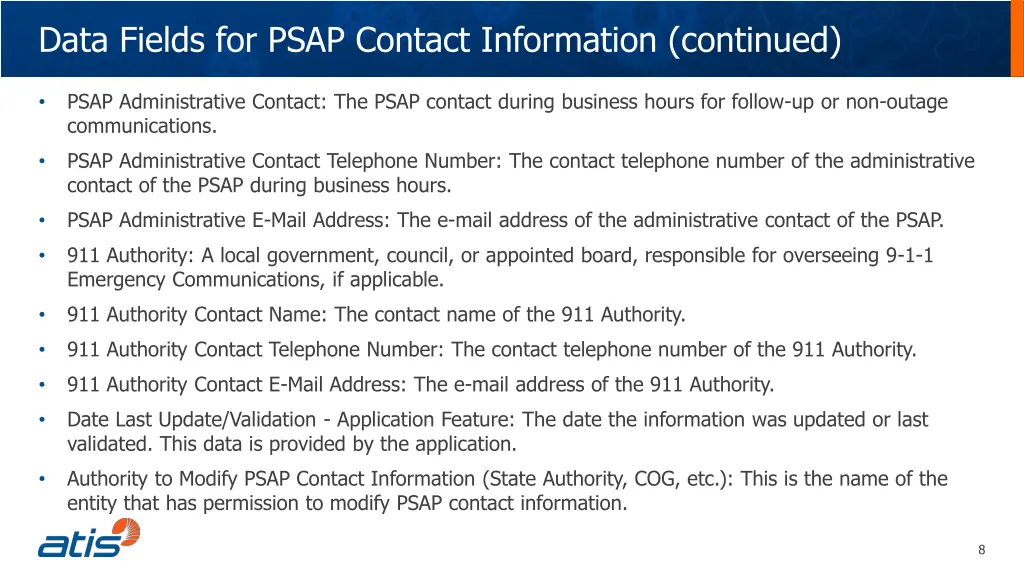 data fields for psap contact information continued