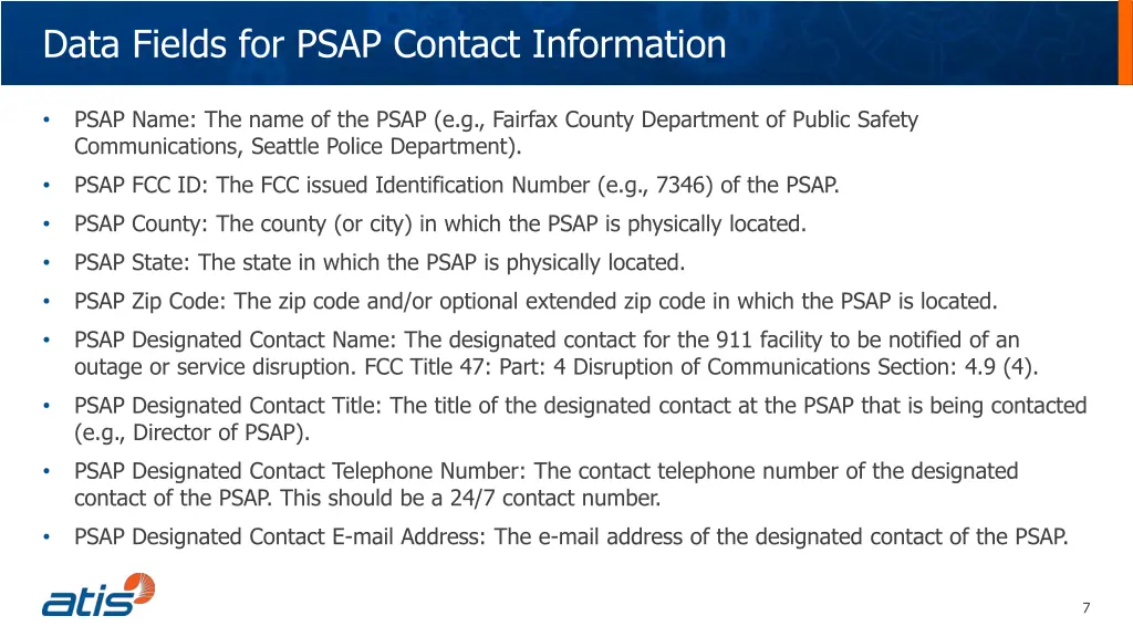 data fields for psap contact information