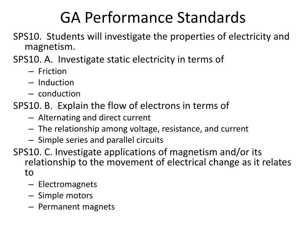 ga performance standards sps10 students will