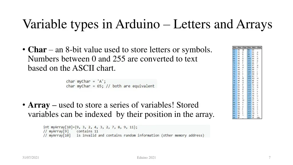 variable types in arduino letters and arrays