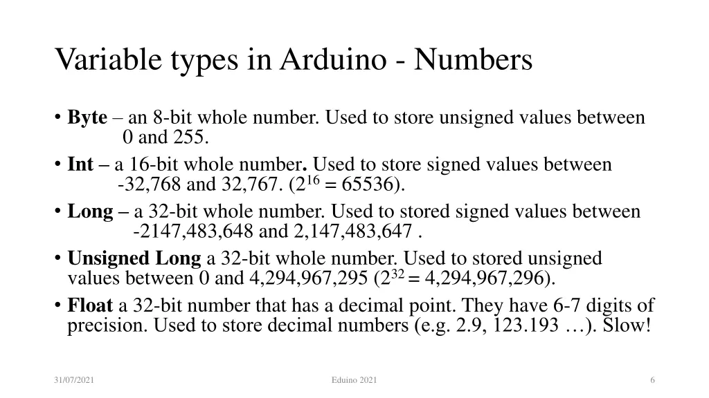 variable types in arduino numbers