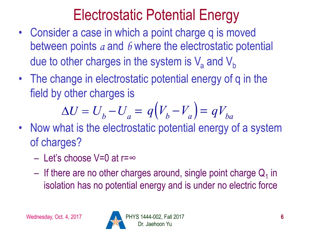 electrostatic potential energy consider a case