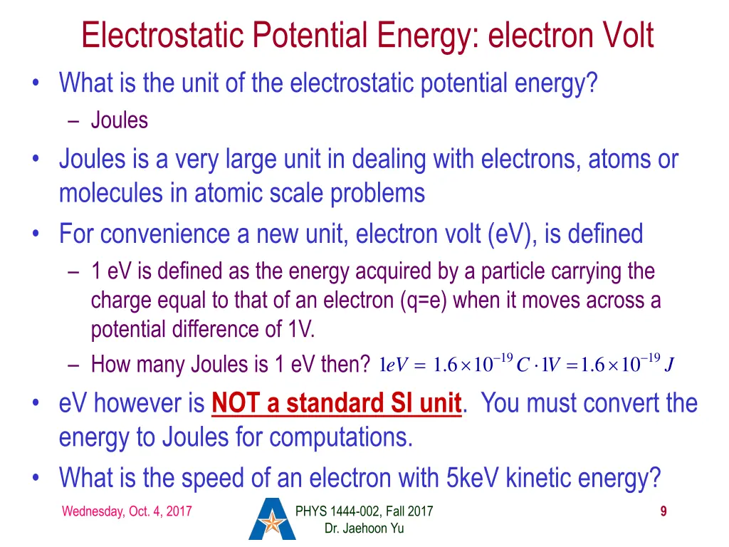 electrostatic potential energy electron volt what