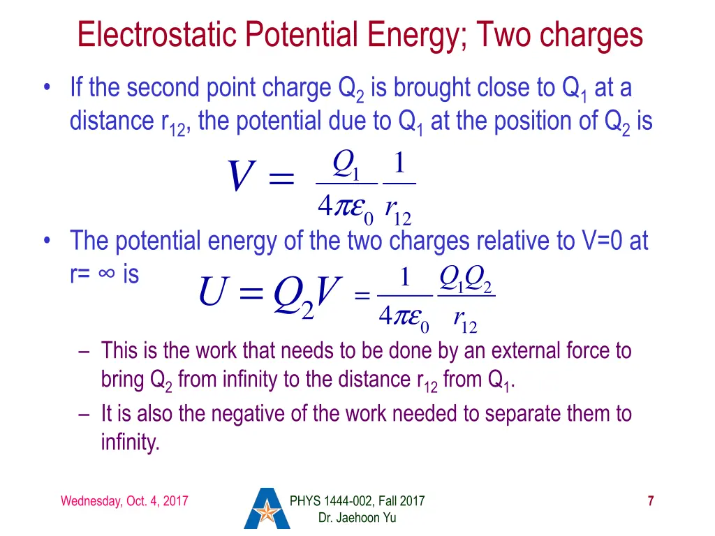 electrostatic potential energy two charges