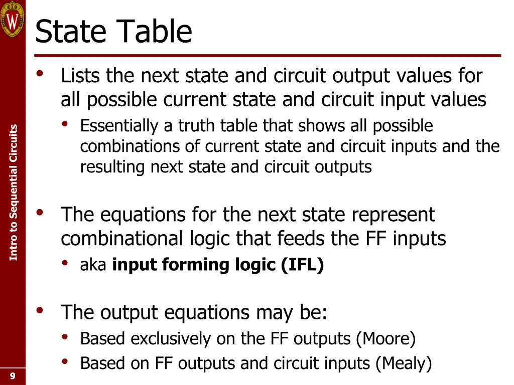 state table lists the next state and circuit
