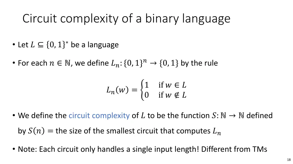circuit complexity of a binary language