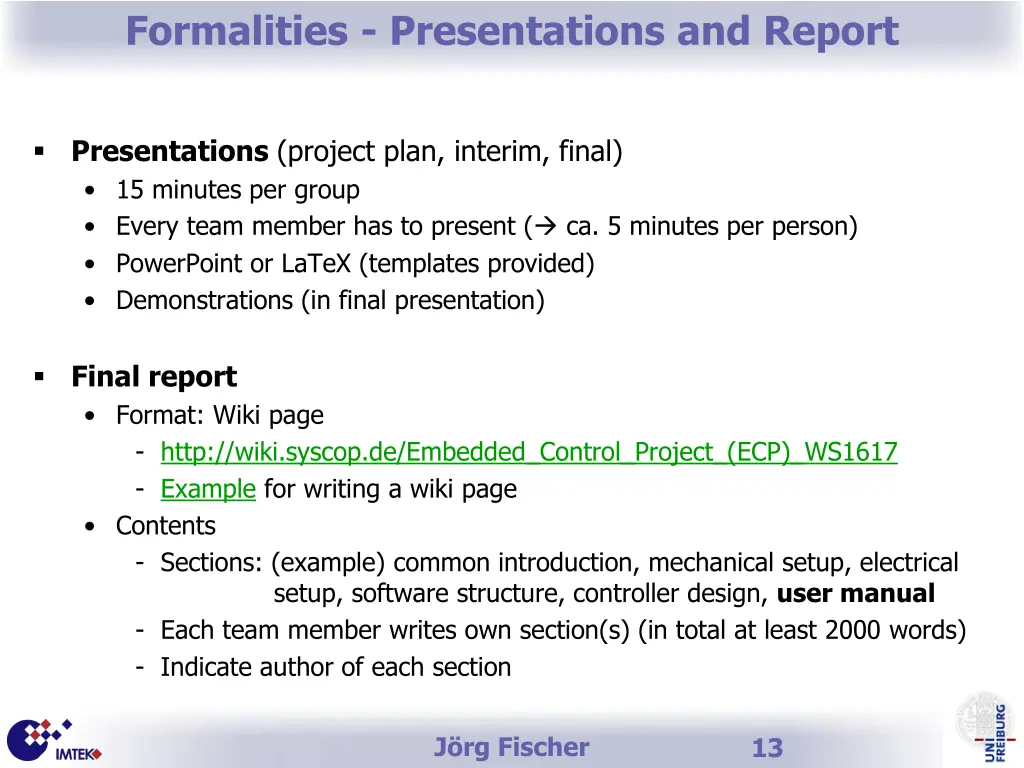 formalities presentations and report