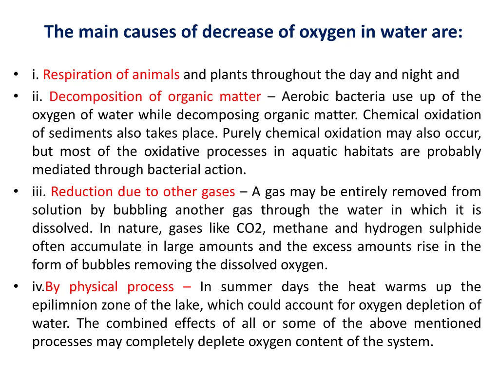 the main causes of decrease of oxygen in water are