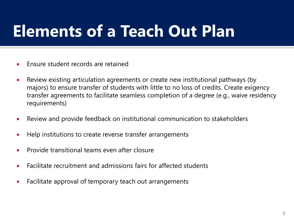 elements of a teach out plan