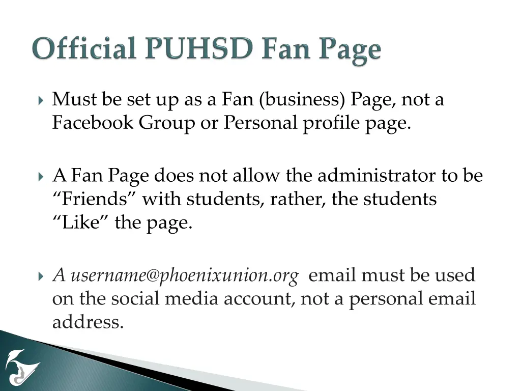 must be set up as a fan business page