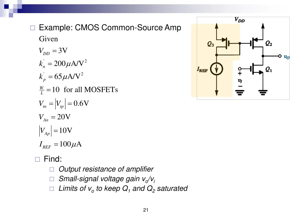 example cmos common source amp given 3v dd v k
