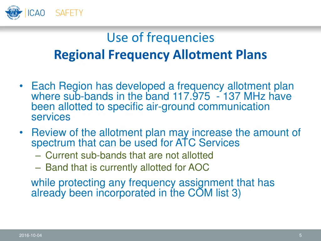 use of frequencies regional frequency allotment