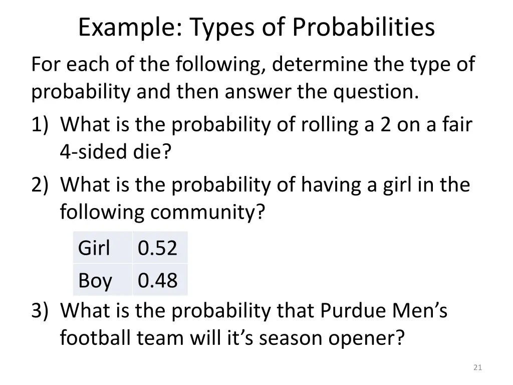 example types of probabilities for each