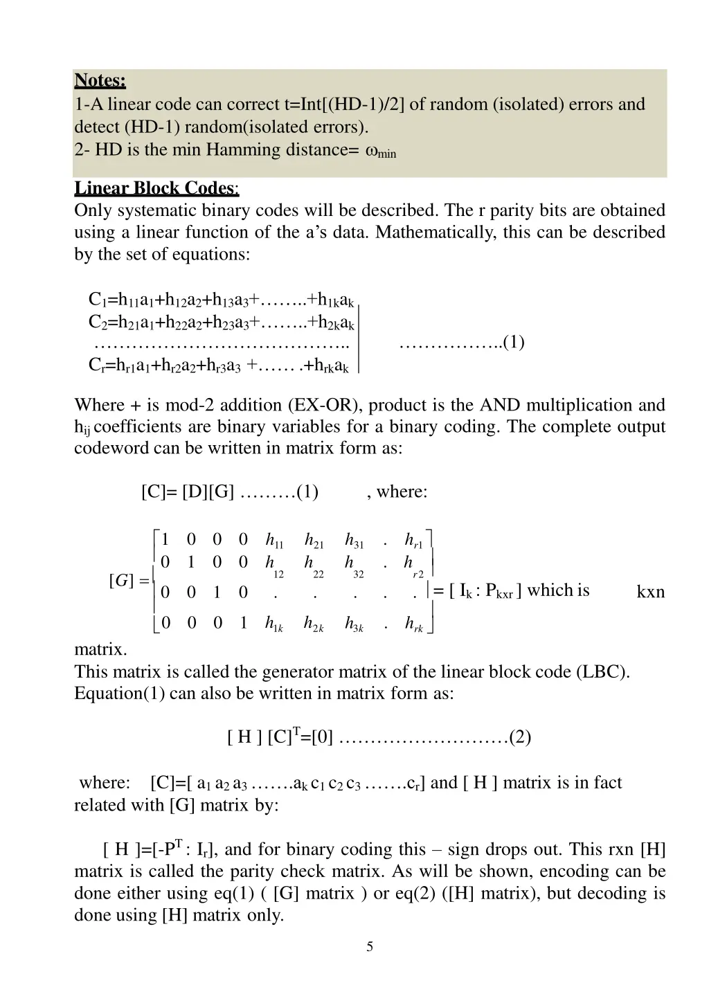 notes 1 a linear code can correct