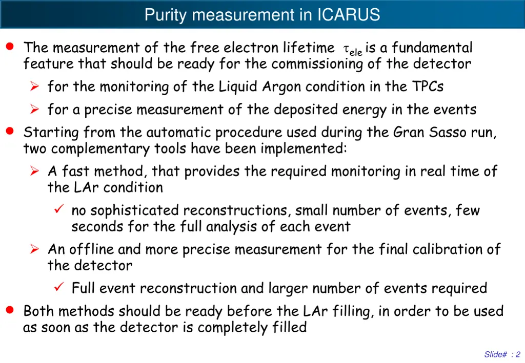 selection of e events purity measurement in icarus