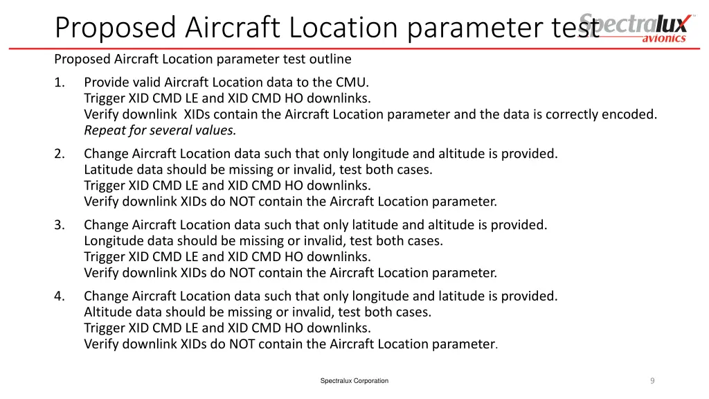 proposed aircraft location parameter test