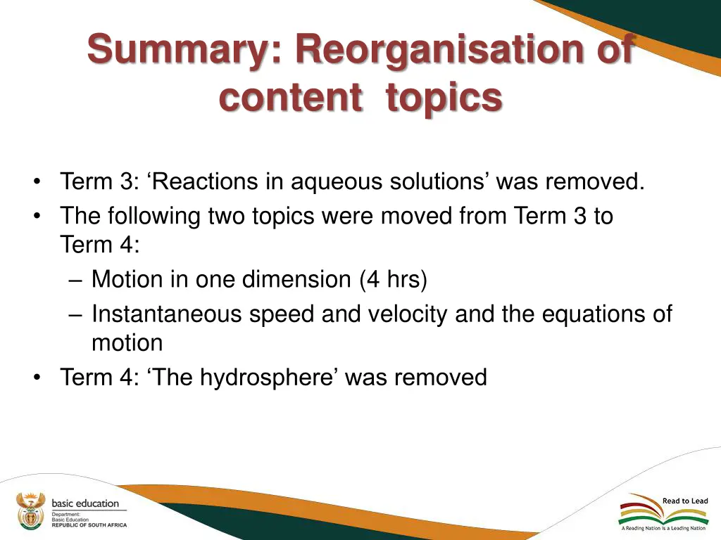 summary reorganisation of content topics