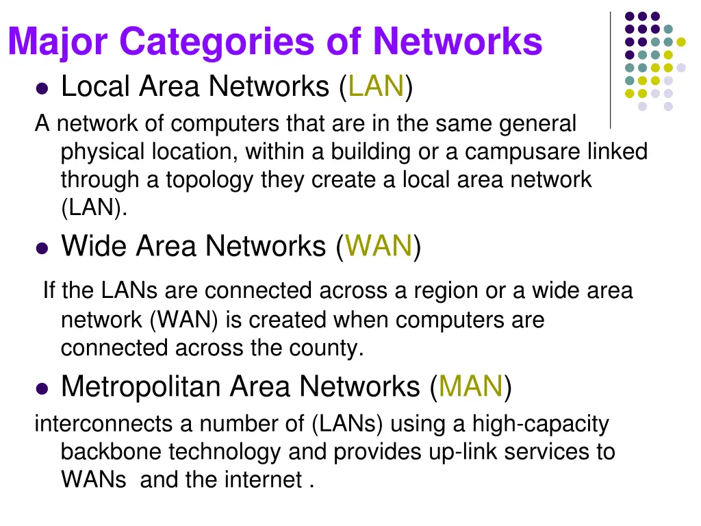 major categories of networks local area networks