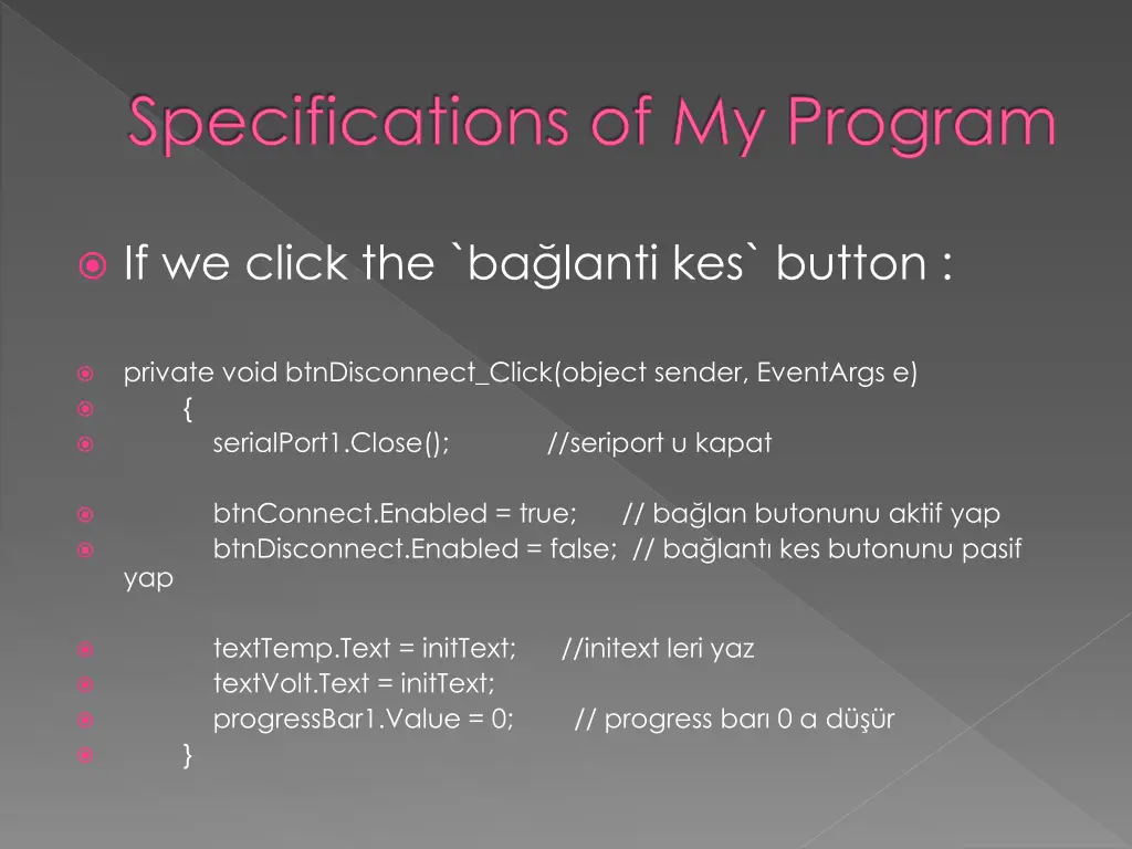 specifications of my program 3