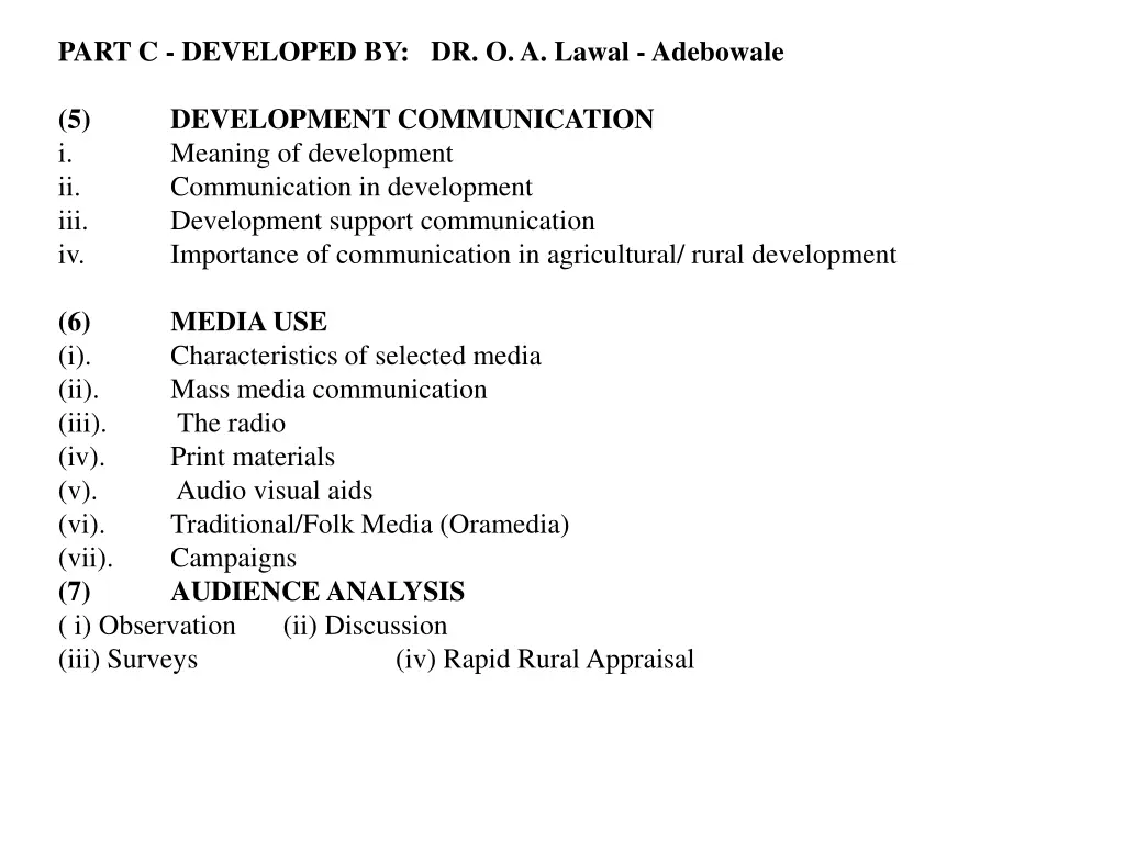 part c developed by dr o a lawal adebowale
