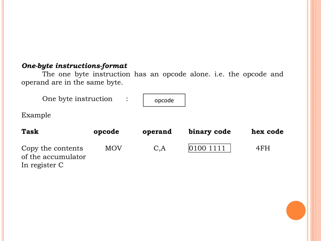one byte instructions format the one byte