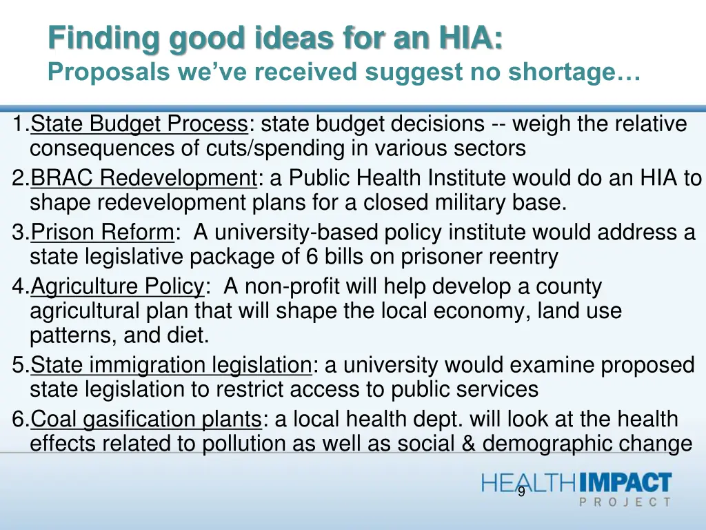 finding good ideas for an hia proposals