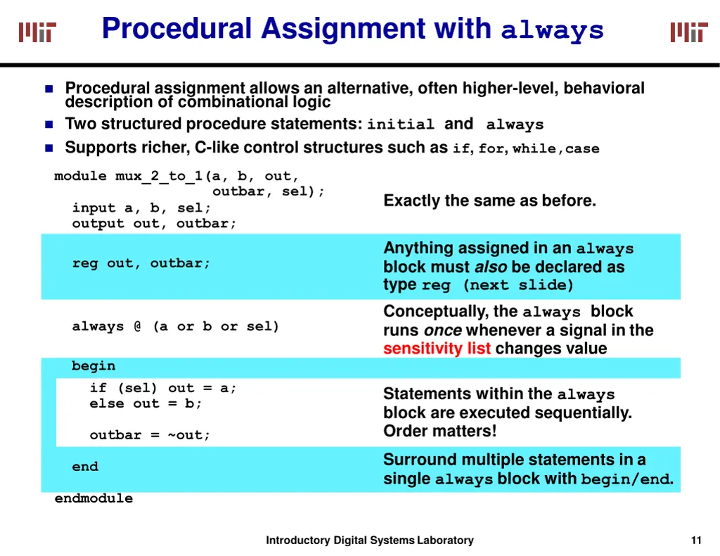 procedural assignment with always