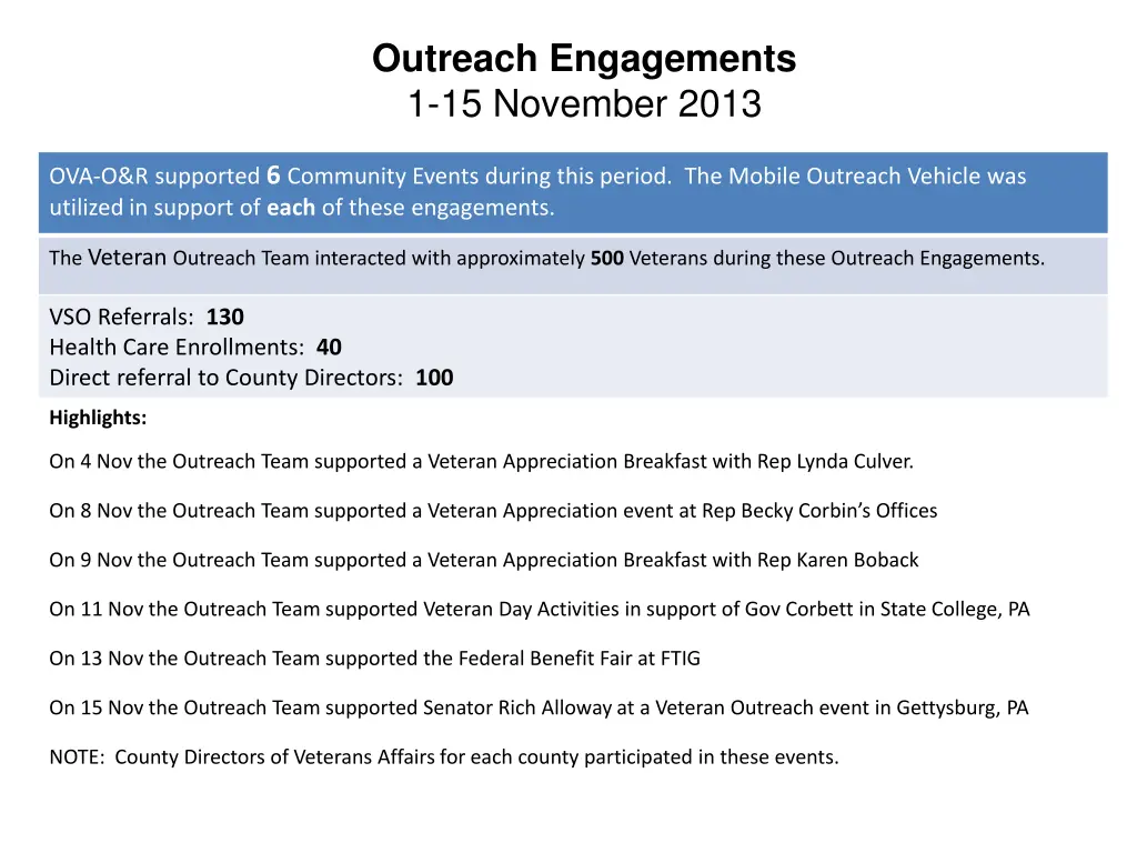 outreach engagements 1 15 november 2013