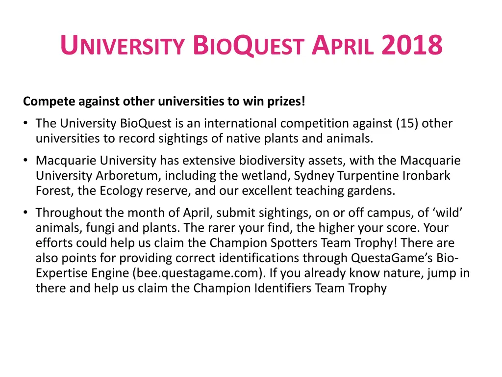 u niversity b io q uest a pril 2018