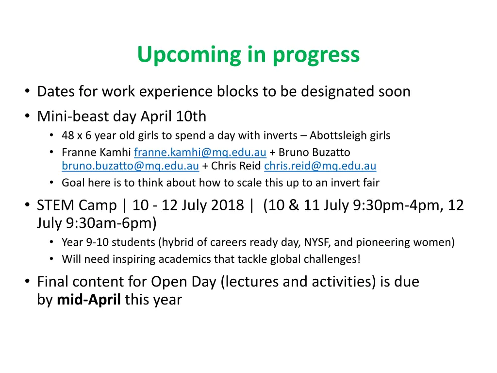 upcoming in progress