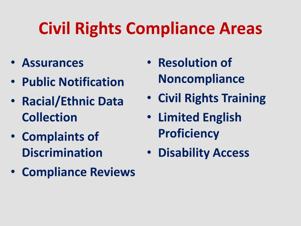 civil rights compliance areas