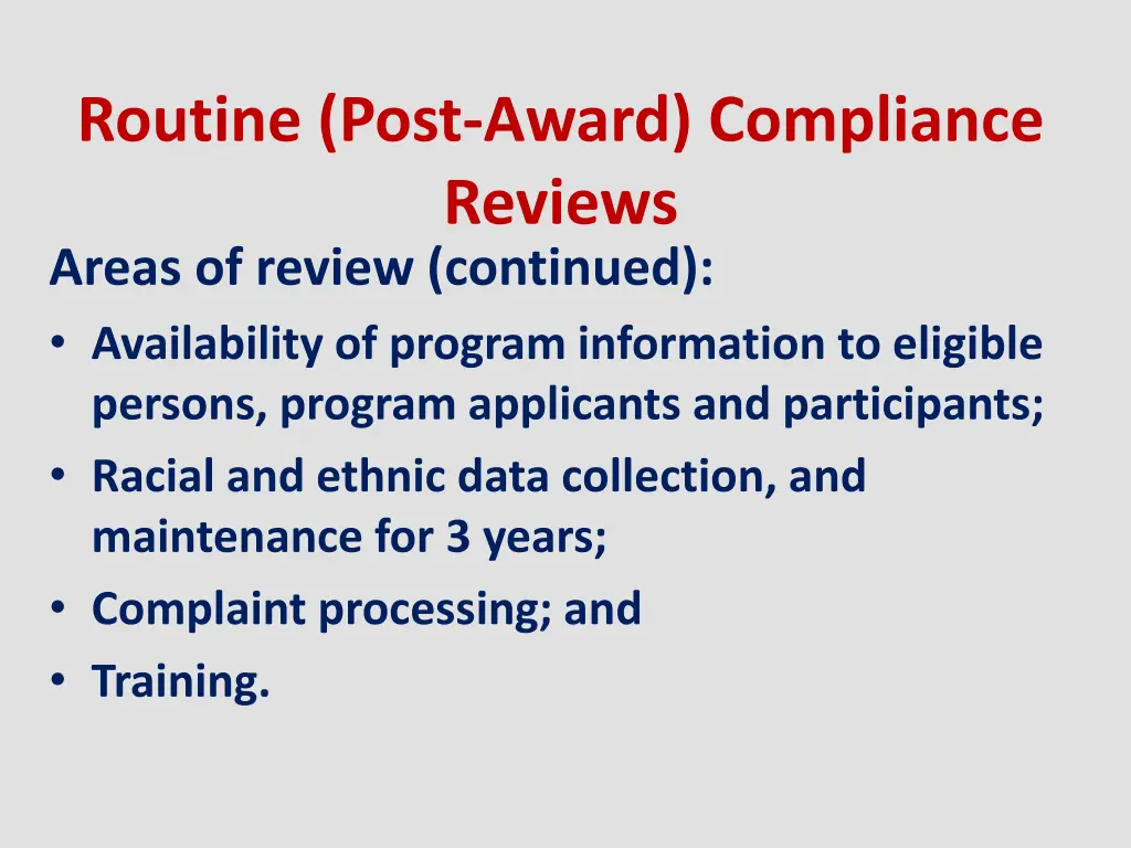 routine post award compliance reviews areas 1