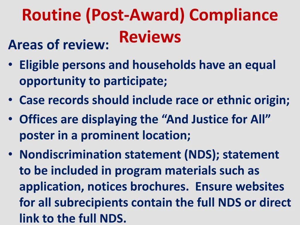 routine post award compliance reviews areas