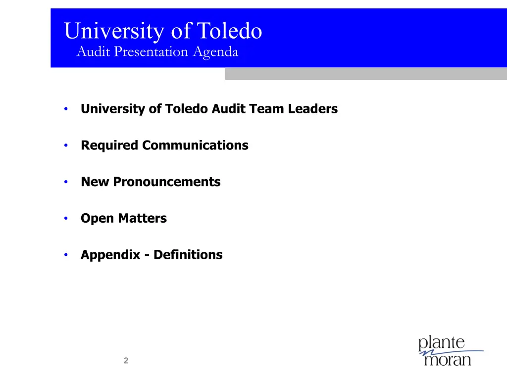 university of toledo audit presentation agenda