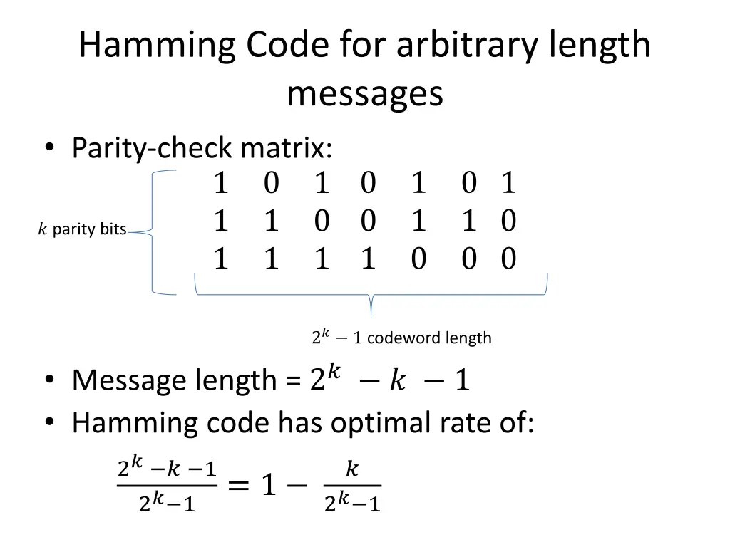 hamming code for arbitrary length messages parity