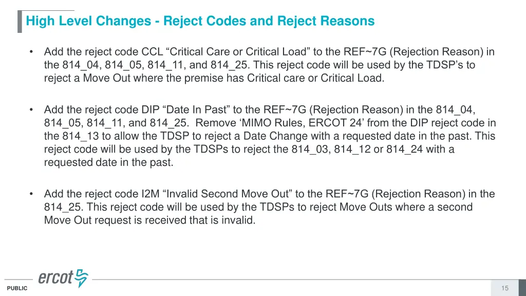 high level changes reject codes and reject reasons 1