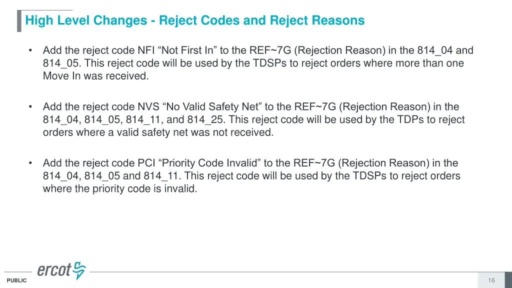 high level changes reject codes and reject reasons 2