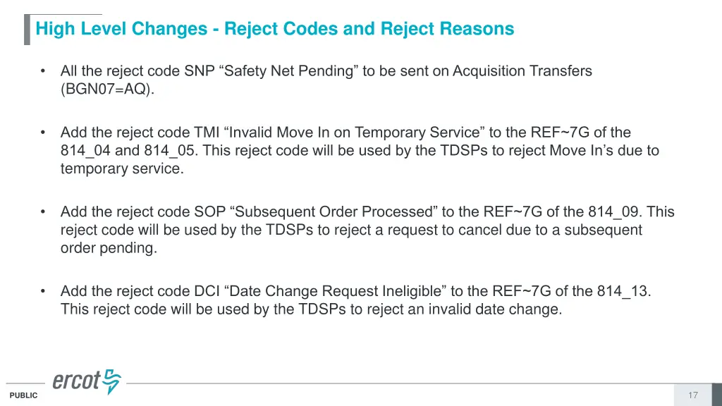 high level changes reject codes and reject reasons 3