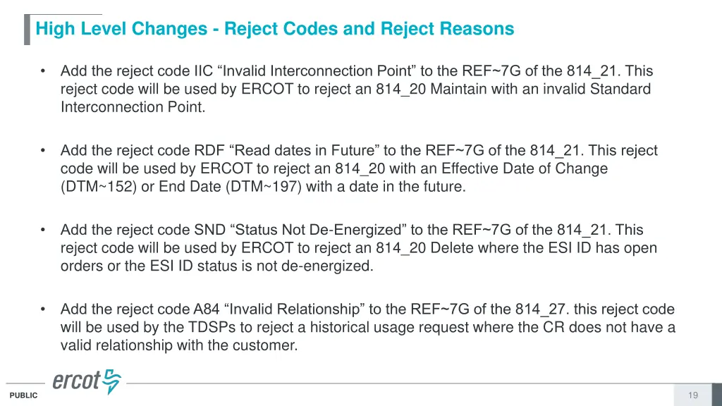 high level changes reject codes and reject reasons 5