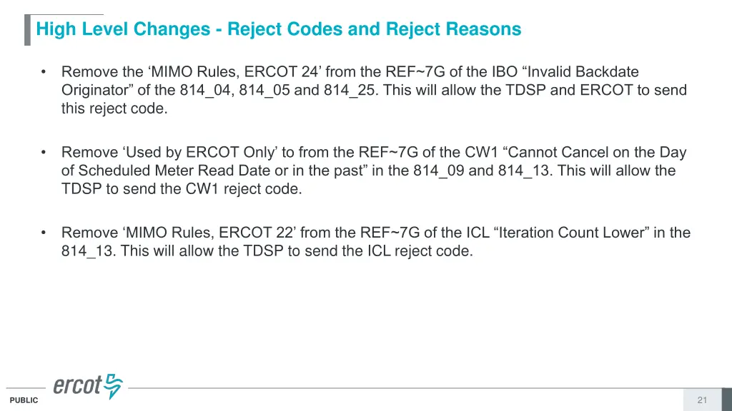 high level changes reject codes and reject reasons 7