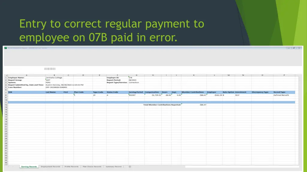 entry to correct regular payment to employee
