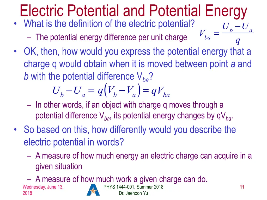 electric potential and potential energy what