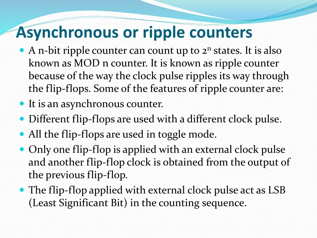 asynchronous or ripple counters a n bit ripple