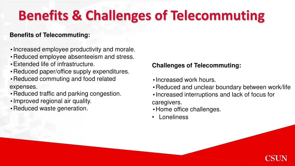 benefits challenges of telecommuting