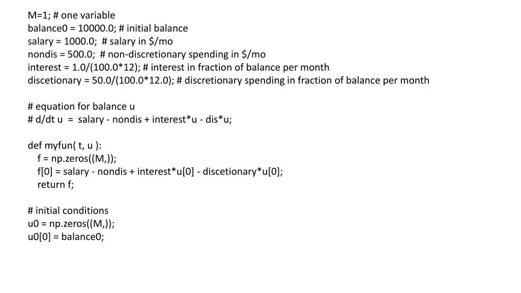 m 1 one variable balance0 10000 0 initial balance