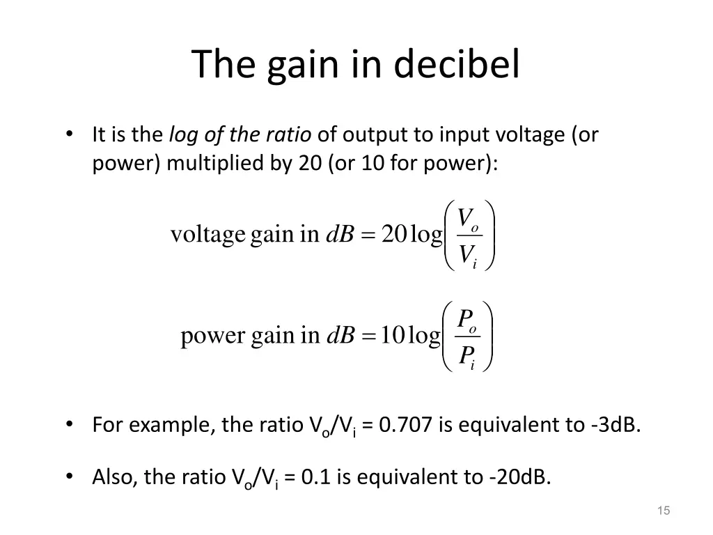 the gain in decibel