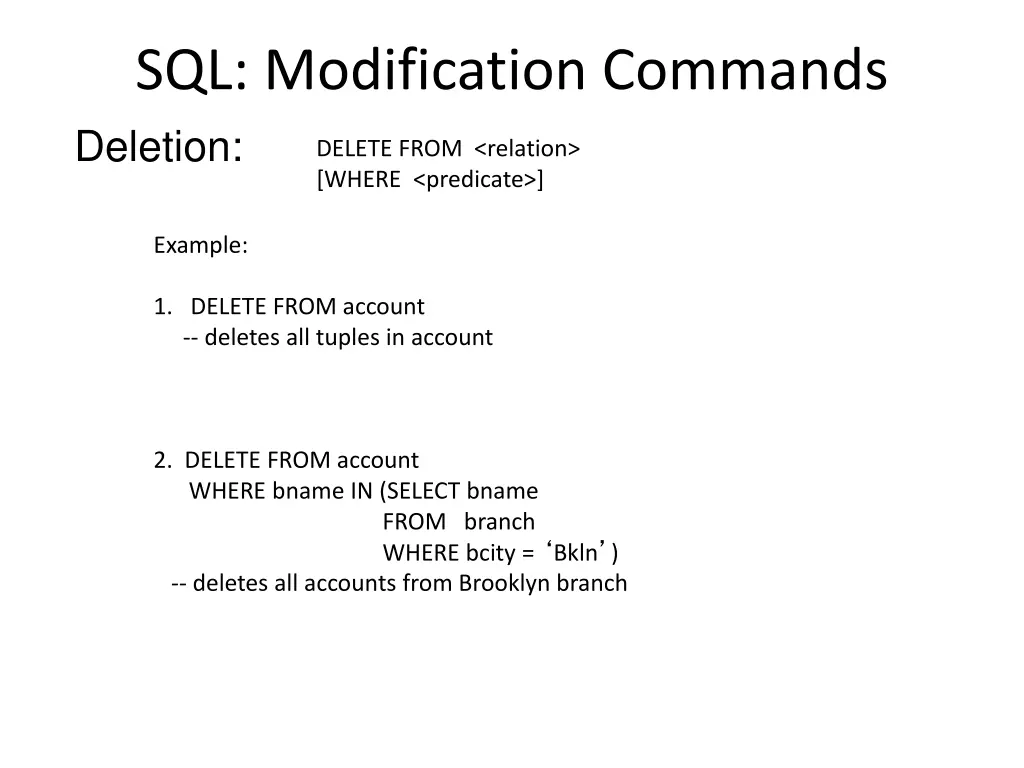 sql modification commands deletion delete from