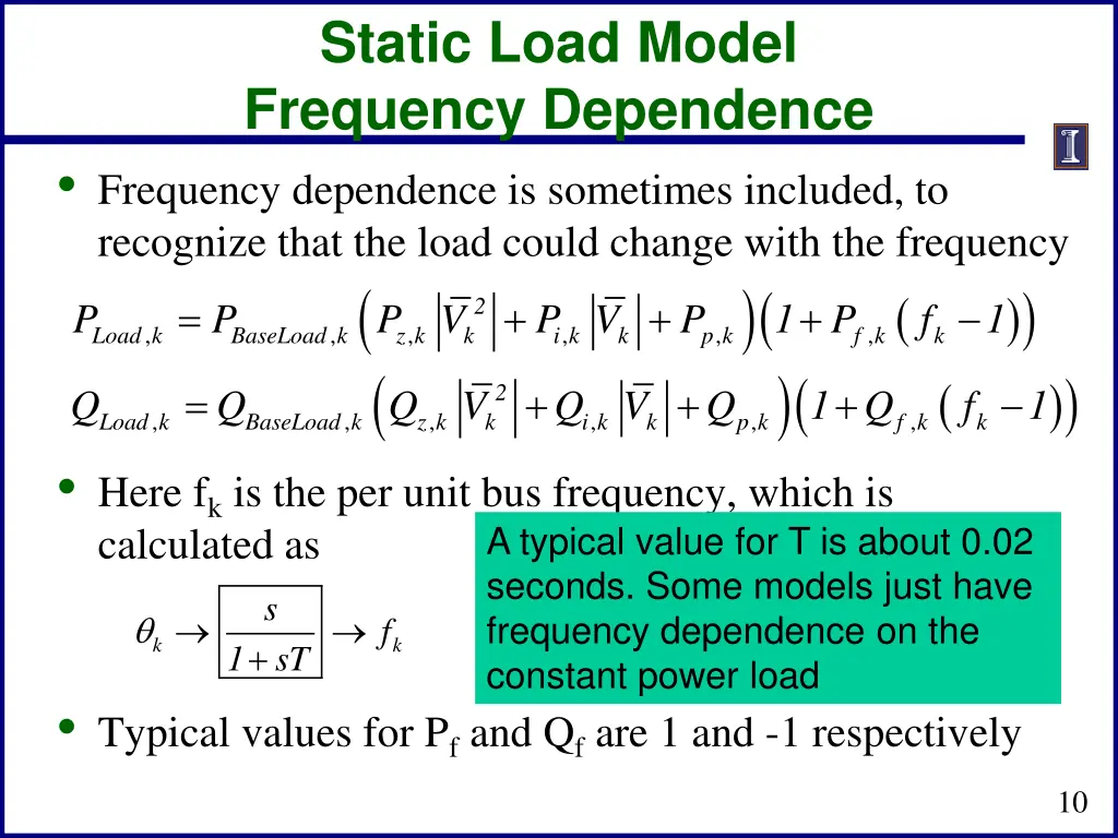 static load model frequency dependence frequency