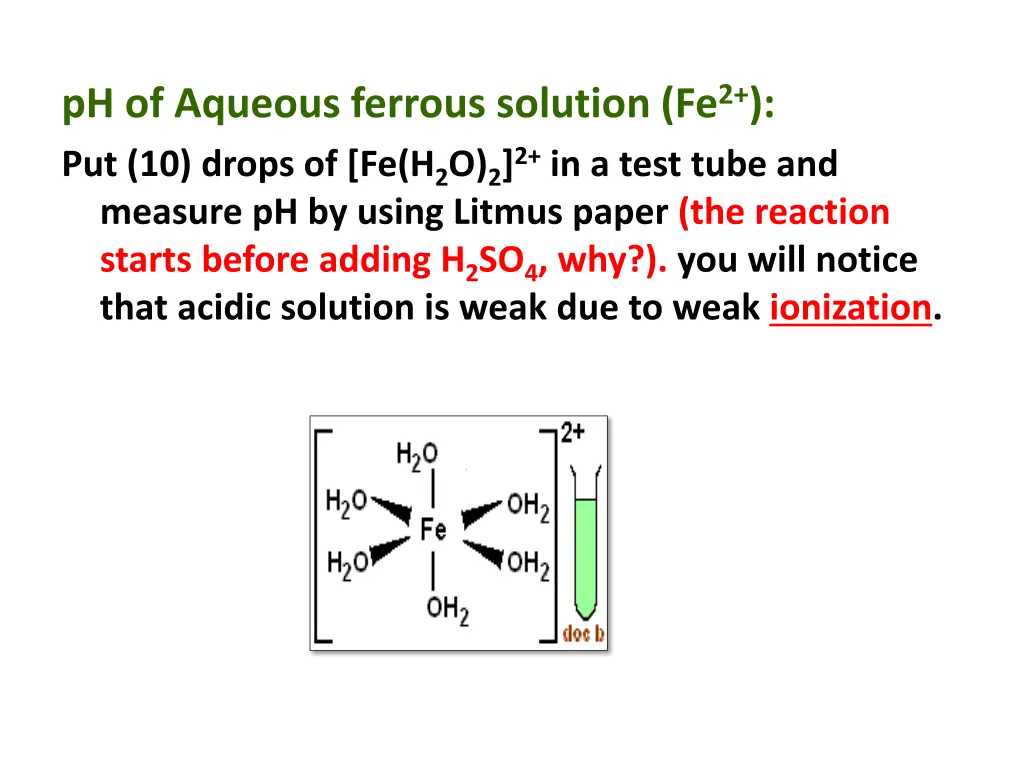 ph of aqueous ferrous solution fe 2 put 10 drops